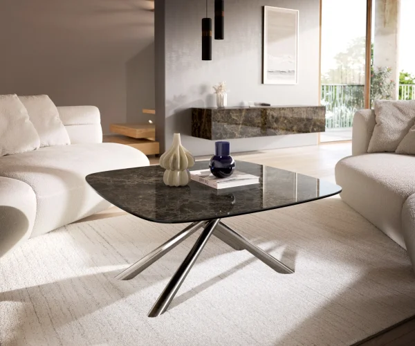 Couchtisch Edge Boot 90x90 cm Keramik Laminam® Emperador Extra Lucidato Dunkelbraun Sarity Edelstahl gebürstet