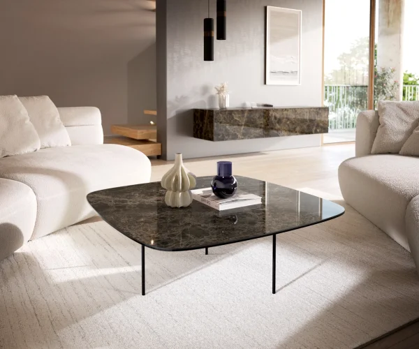 Couchtisch Edge Boot 90x90 cm Keramik Laminam® Emperador Extra Lucidato Dunkelbraun Trive Metall Schwarz