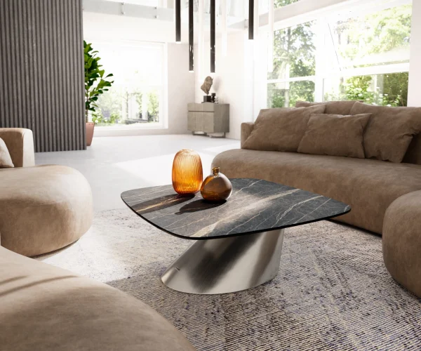 Couchtisch Edge Boot 90x90 cm Keramik Laminam® Noir Desir Braun Conis Edelstahl gebürstet