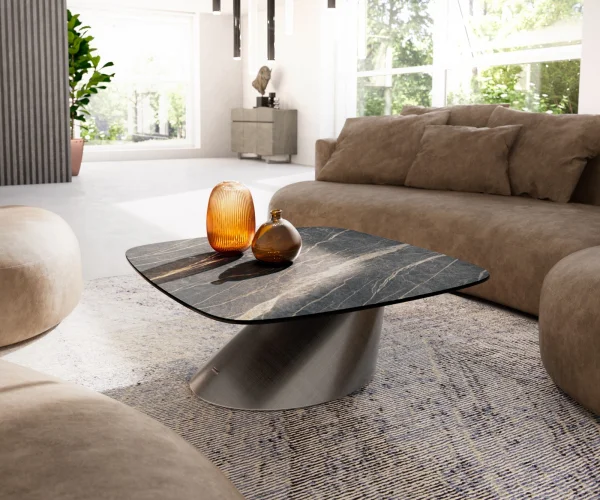 Couchtisch Edge Boot 90x90 cm Keramik Laminam® Noir Desir Braun Conis Metallic Silber