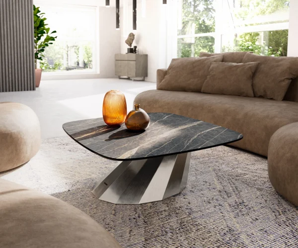 Couchtisch Edge Boot 90x90 cm Keramik Laminam® Noir Desir Braun Parabi Edelstahl gebürstet