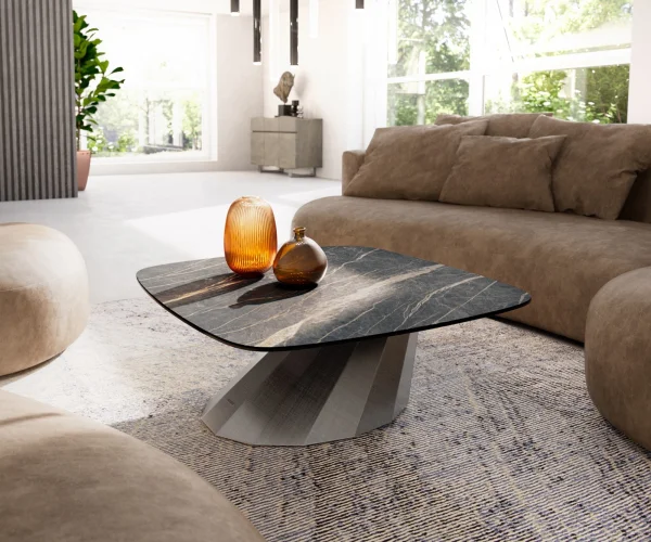 Couchtisch Edge Boot 90x90 cm Keramik Laminam® Noir Desir Braun Parabi Metallic Silber