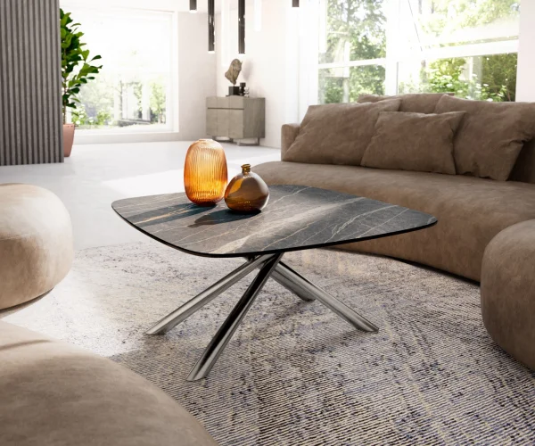 Couchtisch Edge Boot 90x90 cm Keramik Laminam® Noir Desir Braun Sarity Edelstahl gebürstet