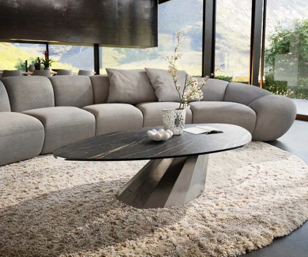 Couchtisch Edge Organisch 140x76 cm Keramik Laminam® Noir Desir Braun Parabi Metallic Silber