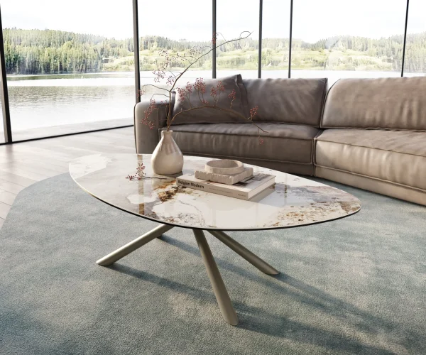 Couchtisch Edge Organisch 140x76 cm Keramik Minas Melange Sarity Metall Effektfinish Titan