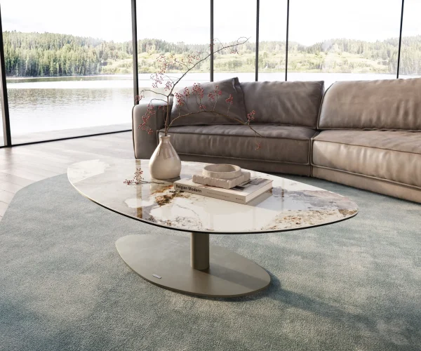 Couchtisch Edge Organisch 140x76 cm Keramik Minas Melange Vibany Metall Effektfinish Titan