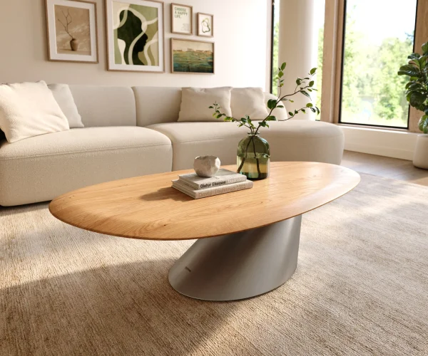 Couchtisch Edge Oval 140x75 cm Eiche Natur Runde Kante Conis Edelstahl gebürstet