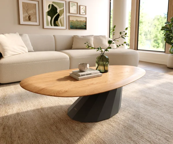 Couchtisch Edge Oval 140x75 cm Eiche Natur Runde Kante Parabi Metall Schwarz