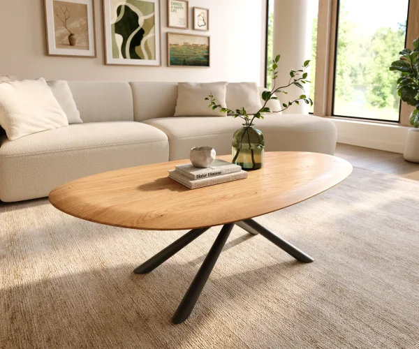 Couchtisch Edge Oval 140x75 cm Eiche Natur Runde Kante Sarity Metall Schwarz
