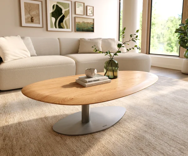 Couchtisch Edge Oval 140x75 cm Eiche Natur Runde Kante Vibany Edelstahl gebürstet