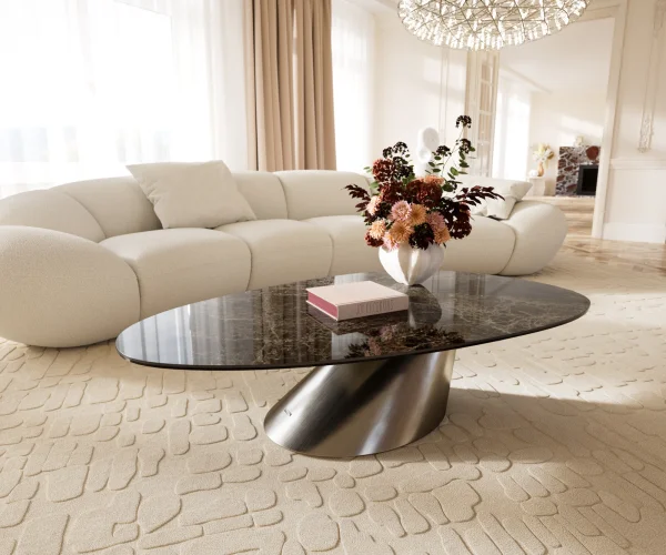 Couchtisch Edge Oval 140x75 cm Keramik Laminam® Emperador Extra Lucidato Dunkelbraun Conis Edelstahl gebürstet