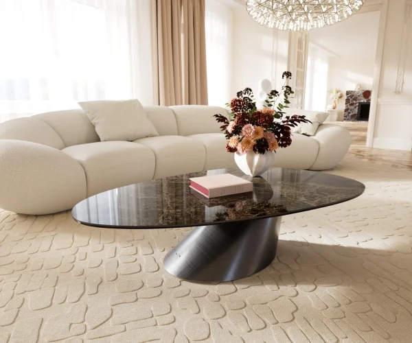 Couchtisch Edge Oval 140x75 cm Keramik Laminam® Emperador Extra Lucidato Dunkelbraun Conis Metallic Silber