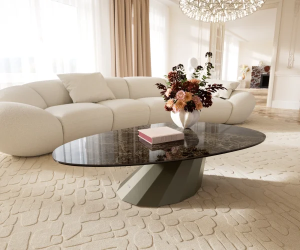 Couchtisch Edge Oval 140x75 cm Keramik Laminam® Emperador Extra Lucidato Dunkelbraun Parabi Metall Effektfinish Titan
