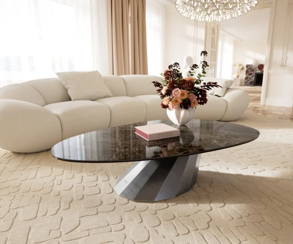 Couchtisch Edge Oval 140x75 cm Keramik Laminam® Emperador Extra Lucidato Dunkelbraun Parabi Metallic Silber