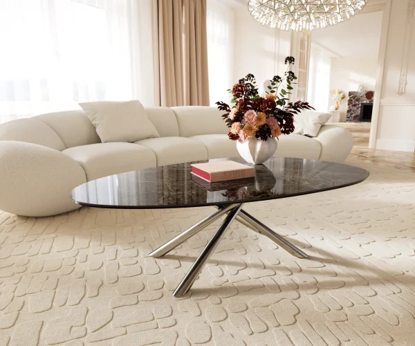 Couchtisch Edge Oval 140x75 cm Keramik Laminam® Emperador Extra Lucidato Dunkelbraun Sarity Edelstahl gebürstet