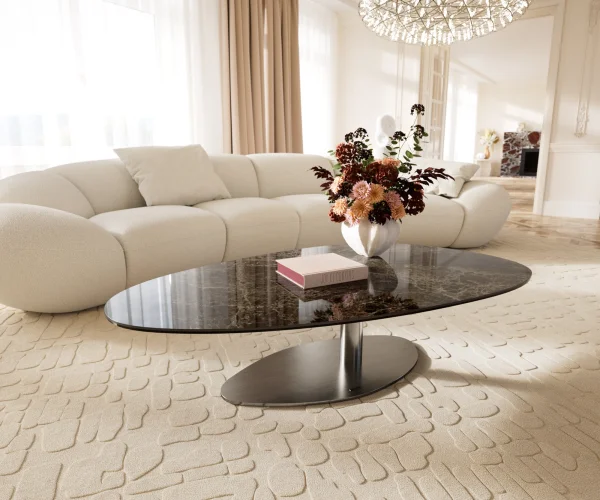 Couchtisch Edge Oval 140x75 cm Keramik Laminam® Emperador Extra Lucidato Dunkelbraun Vibany Edelstahl gebürstet