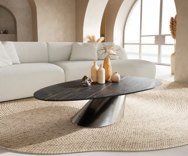 Couchtisch Edge Oval 140x75 cm Keramik Laminam® Noir Desir Braun Conis Edelstahl gebürstet