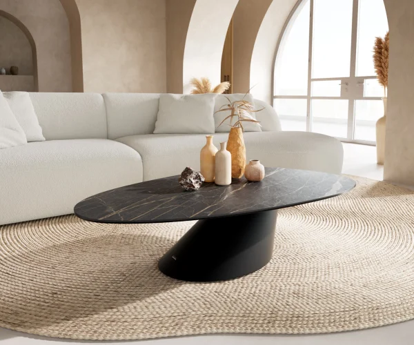 Couchtisch Edge Oval 140x75 cm Keramik Laminam® Noir Desir Braun Conis Metall Schwarz
