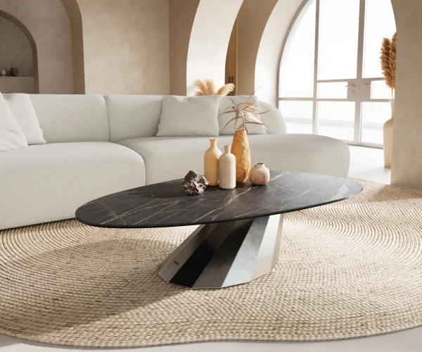 Couchtisch Edge Oval 140x75 cm Keramik Laminam® Noir Desir Braun Parabi Edelstahl gebürstet