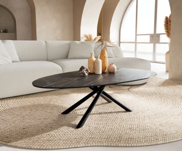Couchtisch Edge Oval 140x75 cm Keramik Laminam® Noir Desir Braun Sarity Metall Schwarz
