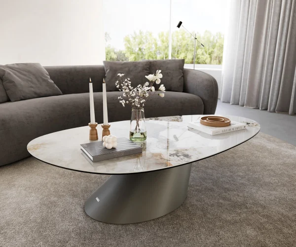 Couchtisch Edge Oval 140x75 cm Keramik Minas Melange Conis Metall Effektfinish Titan