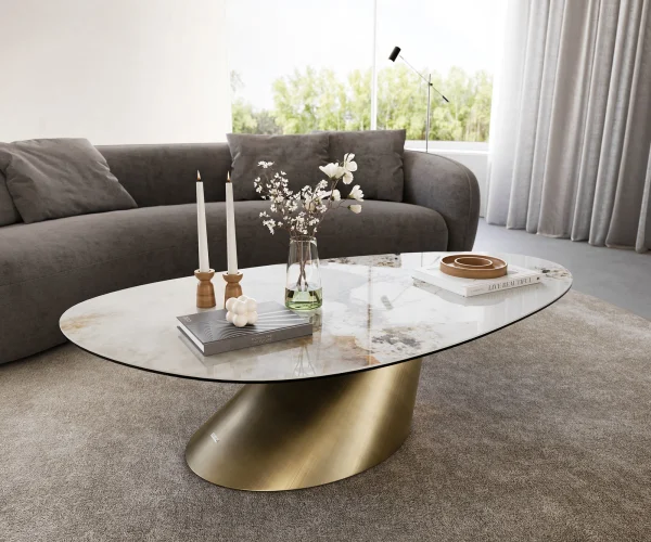 Couchtisch Edge Oval 140x75 cm Keramik Minas Melange Conis Metallic Gold