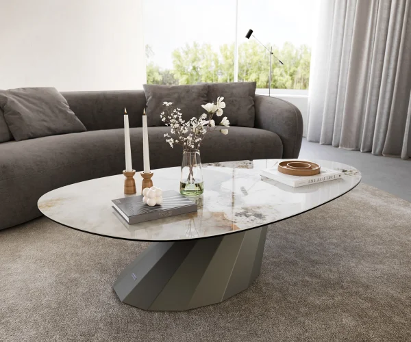 Couchtisch Edge Oval 140x75 cm Keramik Minas Melange Parabi Metall Effektfinish Titan