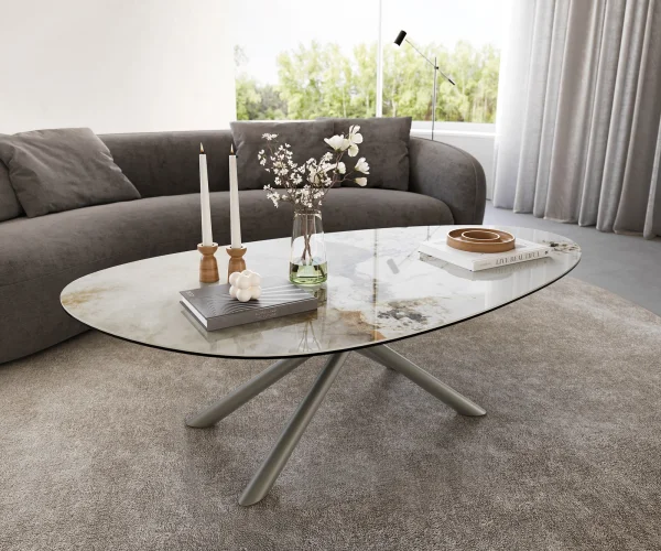 Couchtisch Edge Oval 140x75 cm Keramik Minas Melange Sarity Metall Effektfinish Titan