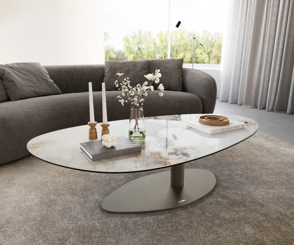 Couchtisch Edge Oval 140x75 cm Keramik Minas Melange Vibany Metall Effektfinish Titan