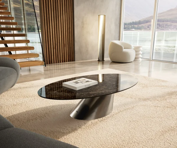 Couchtisch Edge Oval 140x80 cm Keramik Laminam® Emperador Extra Lucidato Dunkelbraun Conis Edelstahl gebürstet