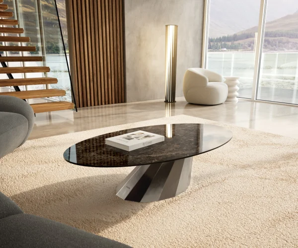 Couchtisch Edge Oval 140x80 cm Keramik Laminam® Emperador Extra Lucidato Dunkelbraun Parabi Edelstahl gebürstet