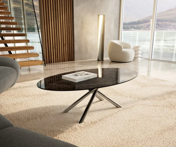 Couchtisch Edge Oval 140x80 cm Keramik Laminam® Emperador Extra Lucidato Dunkelbraun Sarity Edelstahl gebürstet