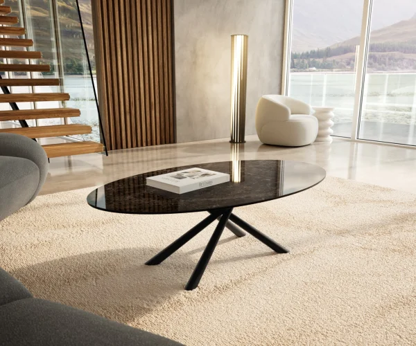 Couchtisch Edge Oval 140x80 cm Keramik Laminam® Emperador Extra Lucidato Dunkelbraun Sarity Metall Schwarz