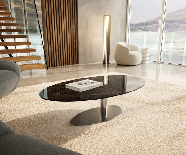 Couchtisch Edge Oval 140x80 cm Keramik Laminam® Emperador Extra Lucidato Dunkelbraun Vibany Edelstahl gebürstet