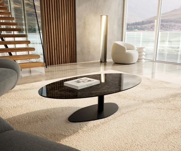 Couchtisch Edge Oval 140x80 cm Keramik Laminam® Emperador Extra Lucidato Dunkelbraun Vibany Metall Schwarz