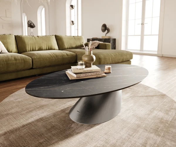 Couchtisch Edge Oval 140x80 cm Keramik Laminam® Noir Desir Braun Conis Edelstahl gebürstet