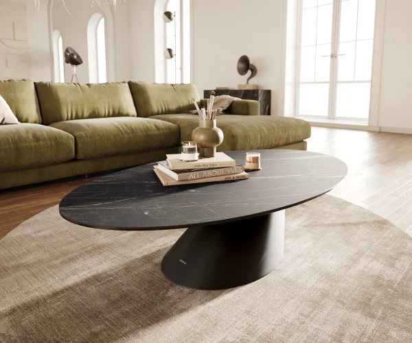 Couchtisch Edge Oval 140x80 cm Keramik Laminam® Noir Desir Braun Conis Metall Schwarz
