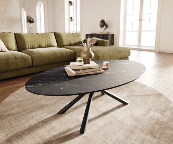 Couchtisch Edge Oval 140x80 cm Keramik Laminam® Noir Desir Braun Sarity Metall Schwarz