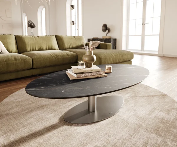 Couchtisch Edge Oval 140x80 cm Keramik Laminam® Noir Desir Braun Vibany Edelstahl gebürstet