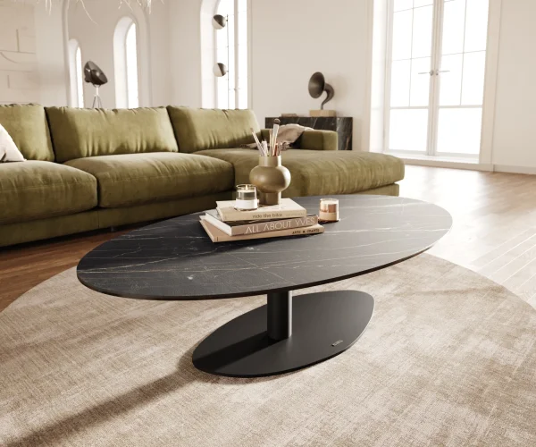 Couchtisch Edge Oval 140x80 cm Keramik Laminam® Noir Desir Braun Vibany Metall Schwarz