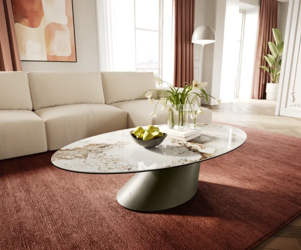 Couchtisch Edge Oval 140x80 cm Keramik Minas Melange Conis Metall Effektfinish Titan