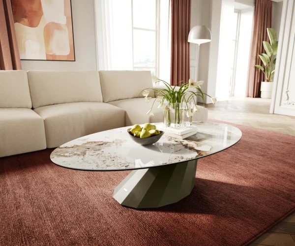 Couchtisch Edge Oval 140x80 cm Keramik Minas Melange Parabi Metall Effektfinish Titan