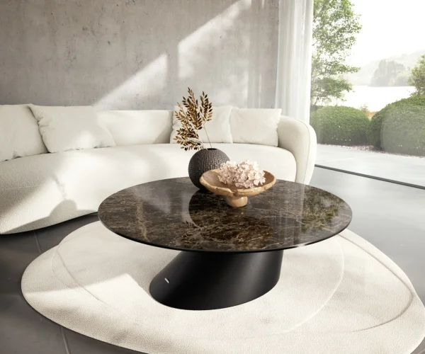 Couchtisch Edge Rund 100x100 cm Keramik Laminam® Emperador Extra Lucidato Dunkelbraun Conis Metall Schwarz