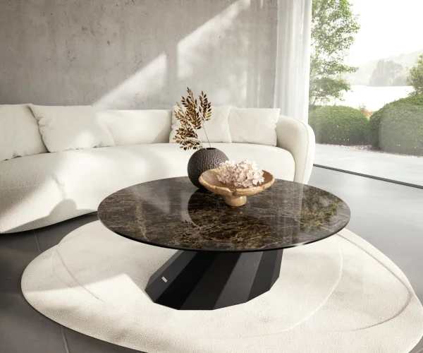 Couchtisch Edge Rund 100x100 cm Keramik Laminam® Emperador Extra Lucidato Dunkelbraun Parabi Metall Schwarz