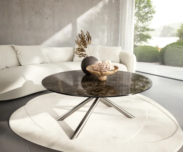 Couchtisch Edge Rund 100x100 cm Keramik Laminam® Emperador Extra Lucidato Dunkelbraun Sarity Edelstahl gebürstet