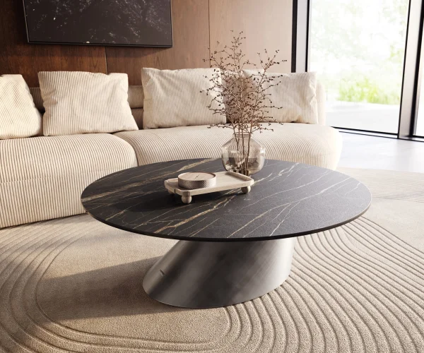 Couchtisch Edge Rund 100x100 cm Keramik Laminam® Noir Desir Braun Conis Metallic Silber