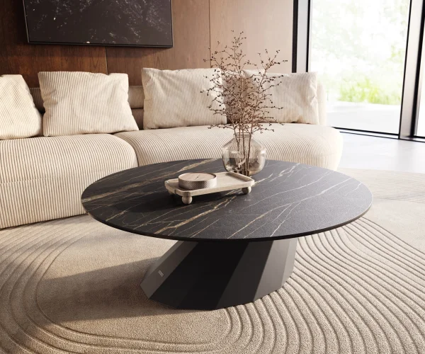 Couchtisch Edge Rund 100x100 cm Keramik Laminam® Noir Desir Braun Parabi Metall Schwarz