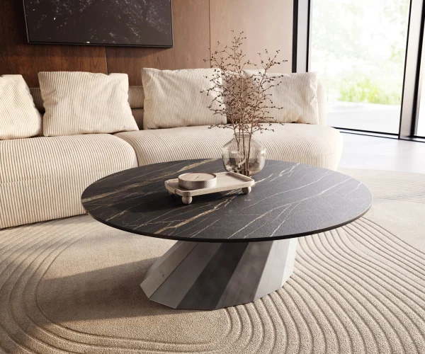 Couchtisch Edge Rund 100x100 cm Keramik Laminam® Noir Desir Braun Parabi Metallic Silber