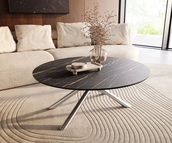 Couchtisch Edge Rund 100x100 cm Keramik Laminam® Noir Desir Braun Sarity Edelstahl gebürstet