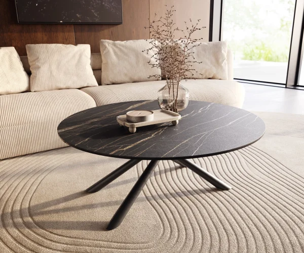 Couchtisch Edge Rund 100x100 cm Keramik Laminam® Noir Desir Braun Sarity Metall Schwarz